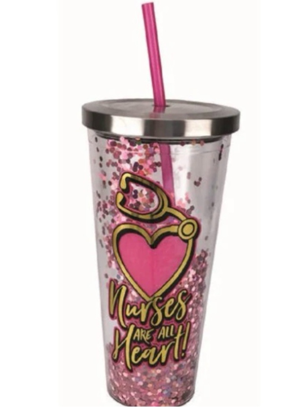 Spoontiques 20 oz Pink Glitter 'Nurses Are All Heart' Tumbler with Straw